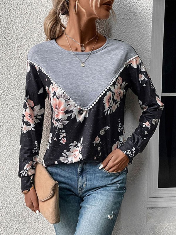 New women's long - sleeved color block sweater thin sweater T-shirt - Top